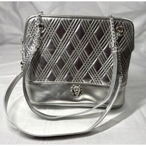 Vintage Warren Reed Silver Quilted Shoulder Bag Lion Medallion Chain Strap Retro